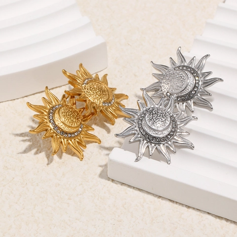 Sun And Moon Stud Earrings Stainless Steel Rhinestone 18K Gold Plated Bohemian Vintage Celestial Jewelry For Women