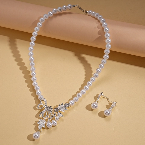 Colgante Hoja Collar Perlas Artificiales Imitación Pendientes Silver Earring Post Aleación Strass Joyas Retro Cadena Suéter Mujer