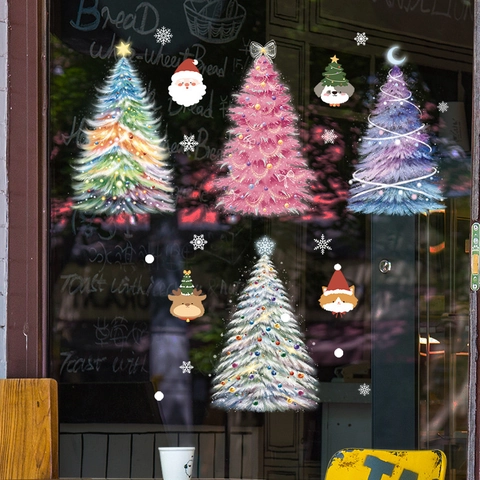 Christmas Window Stickers Static Cling PVC Decals Hand Painted Tree Santa Reindeer Snowflakes Glass Door Decor