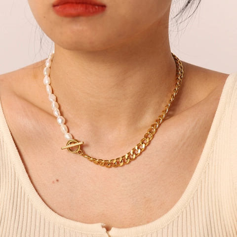 Gold Stainless Steel Freshwater Pearl Splicing Necklace For Women Cuban Chain Toggle Clasp Baroque Pearl Fashion Jewelry
