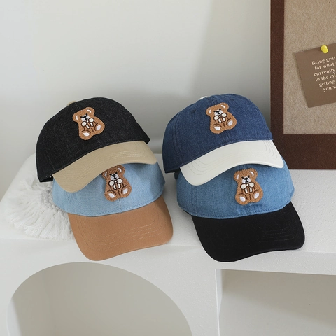 Gorra De Béisbol Para Niños Denim Bordado De Oso Color En Contraste Visera Curva Sombrero De Sol Ajustable Estilo Casual