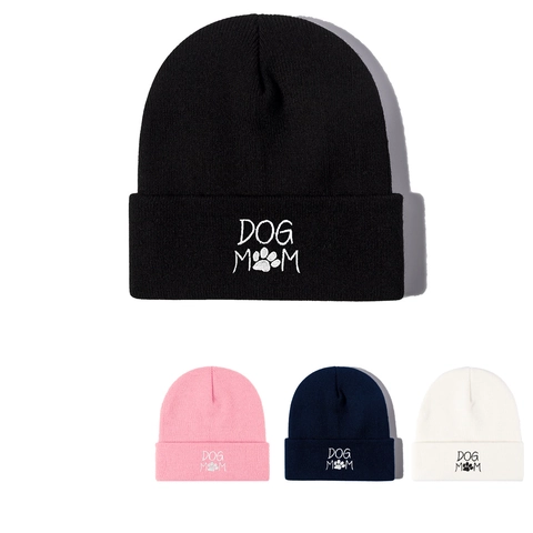 Beanie Hat Acrylic Knitted Warm Winter Cold-Proof Embroidered DOG MOM Paw Print Cuffed Unisex Gift For Dog Lovers