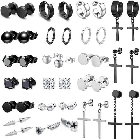 Boucles d'Oreilles Clous Créoles en Acier Inoxydable Strass Homme Femme Unisexe Punk Gothique Noir Argent Bijoux Piercing