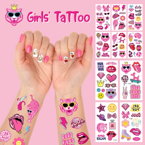Pink Preppy Style Temporäre Tattoo Aufkleber Wasserdicht Wassertransfer Cartoon Körper Gesichtskunst Für Mädchen Kinder Y2K