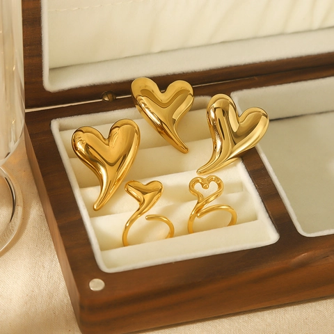 Heart Ring 18K Gold Plated Stainless Steel Adjustable Open Band Polished 3D Shape Elegant Fashion Jewelry For Women
