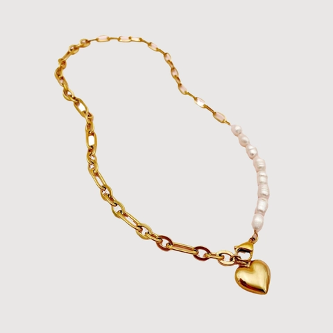 French Vintage 14K Gold Plated Stainless Steel Heart Pendant Baroque Freshwater Pearl Necklace For Women Elegant Jewelry Gift