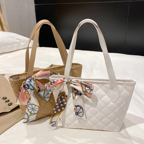 Women Quilted PU Leather Handbag Rhombus Pattern Small Tote Bag With Satin Scarf Elegant Chic Daily Purse