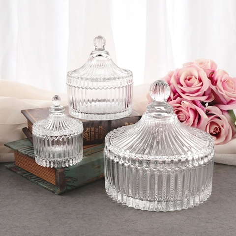 Europese Retro Glazen Voorraadpot Met Deksel Geribbeld Transparant Loodvrij Suikerpot Decoratieve Sieradendoos Elegant Bureau