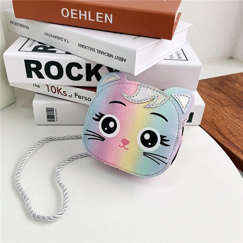 Kids Umhängetasche Regenbogen Farbverlauf Glitzer PU Leder Cartoon Katze Form Mini Schultertasche Für Mädchen Kleinkinder Modeaccessoire