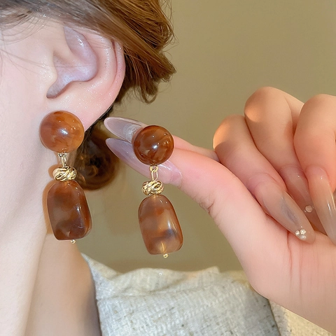 Geometric Resin Drop Earrings With Silver Earring Post Vintage Maillard Style Alloy Knot Minimalist For Women