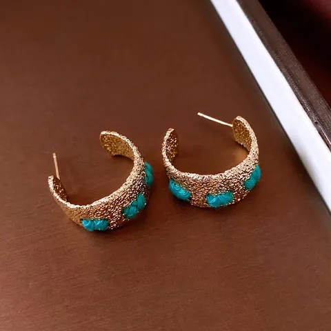 Vintage C-Förmige Creolen Für Damen Mit Silver Earring Post Hammerschlag Gold Plattiert Gewebtes Garn Ethno Retro Schmuck