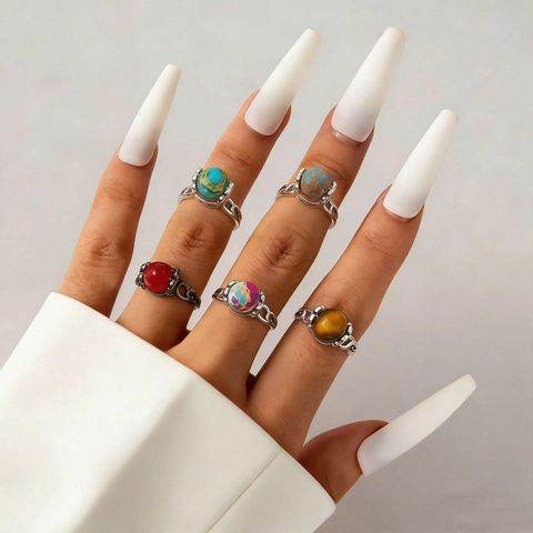Vintage Copper Open Ring Rotating Natural Stone Bead Bohemian Hollow Adjustable Finger Ring For Women Fidget Jewelry Gift