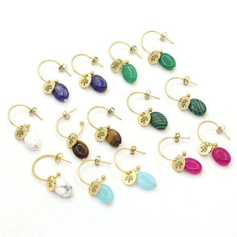 Edelstahl Gold Überzogene Lebensbaum Ohrhänger Für Damen Bohemian Naturstein Oval Anhänger Drop Schmuck Ohrringe