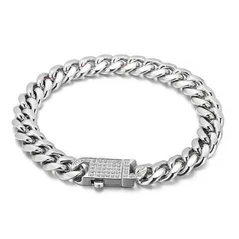 Heren Hip Hop Cuban Link Halskette Und Armband Edelstahl Iced Out Quadratischer Pavé Zirkon Verschluss Punk Schmuck