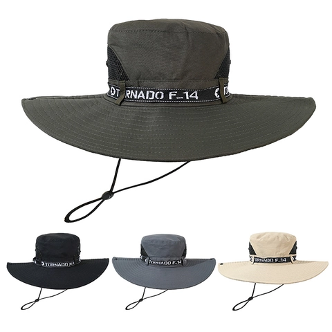 Outdoor Bucket Hat Quick Dry Polyester UV Protection Wide Brim Sunshade Breathable Mesh Fishing Hat With Wind Rope