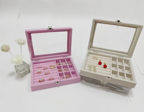 Velvet Jewelry Storage Box With Transparent Glass Lid Multi-Grid Ring Earring Necklace Organizer Case With Metal Clasp