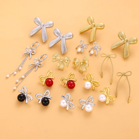 Fashion Stainless Steel Bow Earrings For Women Elegant 18K Gold Plated Bowknot Stud Earrings With Artificial Pearl Jewelry
