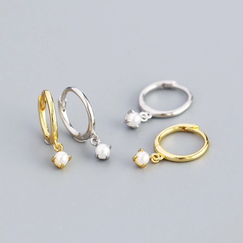925 Sterling Silber Künstliche Perle Hoop Ohrringe Minimalistische Geometrische Tropfen Schmuck Für Frauen