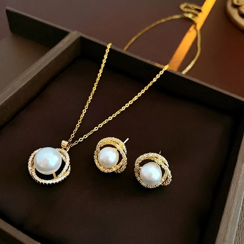 Gioielli Con Künstliche Perle Placcati In Oro Da Donna Orecchini In Zirconia Con Perno In Argento Sterling 925 E Collana
