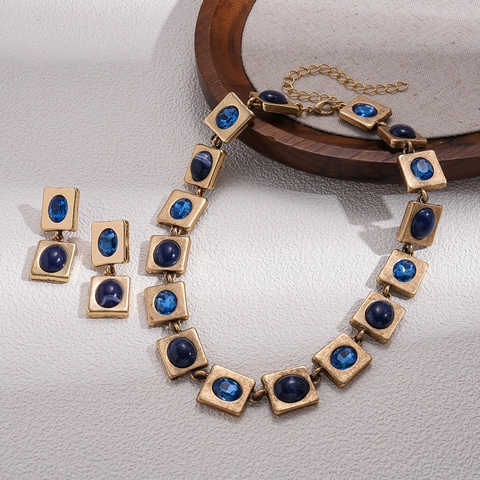 Collana E Orecchini Quadrati Geometrici Vintage Gioielli In Lega Strass Resina Con Perno In Argento Elegante Donna