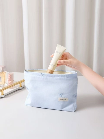 Cute Sweet Bow Embroidery Makeup Bag Canvas Striped Cosmetic Pouch Portable Travel Toiletry Storage Organizer For Women