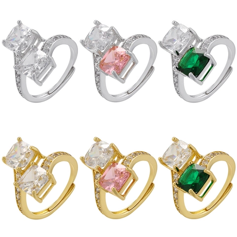 Bague Ouverte en Cuivre avec Strass Carré pour Femme Tendance Double Pierre Ajustable Bague de Doigt Or Argent Bijoux en Strass