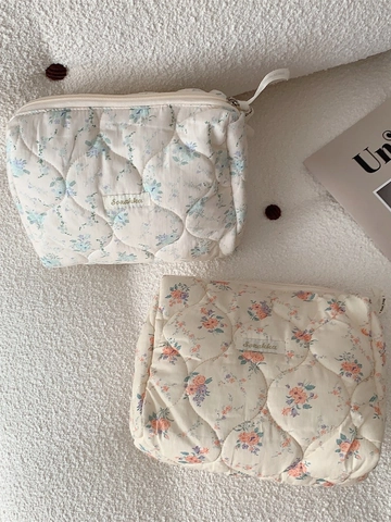 Trousse De Maquillage Matelassée Florale Coton Grande Capacité Pochette De Rangement Cosmétique Style Ins Coréen
