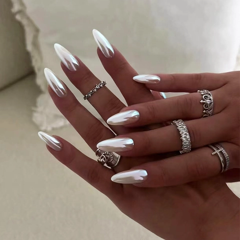 Ψεύτικα Νύχια Aurora Artificial Pearl Silver Press On Μακριά Αμύγδαλο Αφαιρούμενα Πλήρης Κάλυψη Μανικιούρ Για Γυναίκες