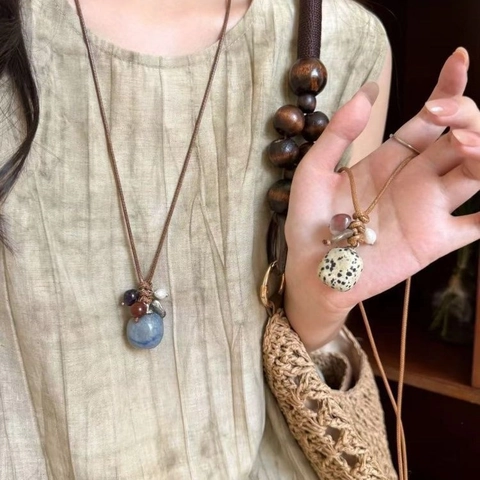 Vintage Bohemian Μακρύ Κολιέ Με Μενταγιόν Χαλκός Κράμα Ξύλο Ρητίνη Πέτρα Ethnic Style Χειροποίητο Γυναικεία Αλυσίδα