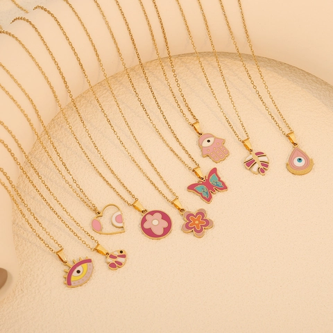 Edelstahl Anhänger Halskette Rosa Emaille Herz Schmetterling Böser Blick Hamsa Hand Blume Modeschmuck Für Damen