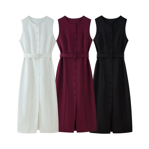 Vestido Midi Elegante Sin Mangas Con Cuello Redondo Y Abotonado Con Cinturón Color Sólido Poliéster Oficina Mujer