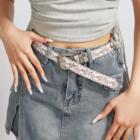 Women Vintage Western Boho Faux Leather Belt White Brown Butterfly Floral Print Carved Alloy Pin Buckle Waist Strap Accessories