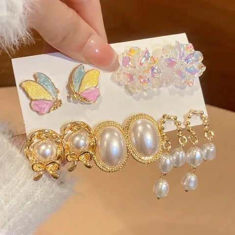 Pendientes De Mariposa Flor Perla Artificial Con Poste De Plata Colorido Aleación Resina Estilo Dulce Joyería Para Mujeres