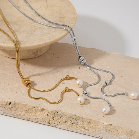 Collana A Y Künstliche Perle Acqua Dolce Acciaio Inossidabile Catena Serpente Lariat Regolabile Gioielli Moda Elegante Impermeabile
