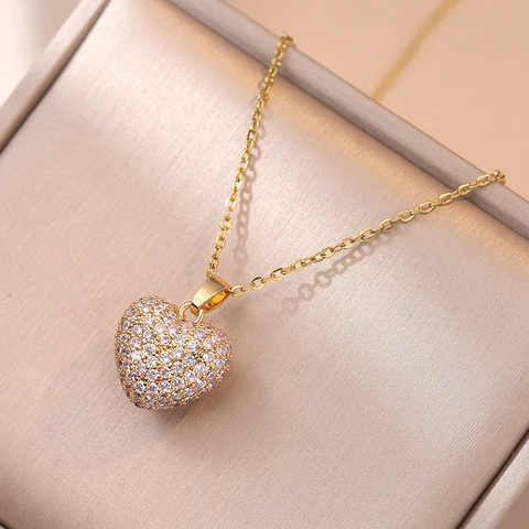 Shiny Heart Pendant Necklace Stainless Steel Luxury Romantic Full Zircon Clavicle Chain Jewelry For Women Elegant Gift
