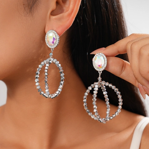 Ovale Dubbele Ring Hangende Oorbellen Met Iriserend Glas Strass En 925 Sterling Zilveren Oorsteker Unieke Sieraden Voor Dames