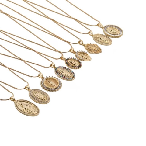 Gold Plated Copper Virgin Mary Pendant Necklace With Colorful Zirconia Religious Retro Style For Women Snake Chain