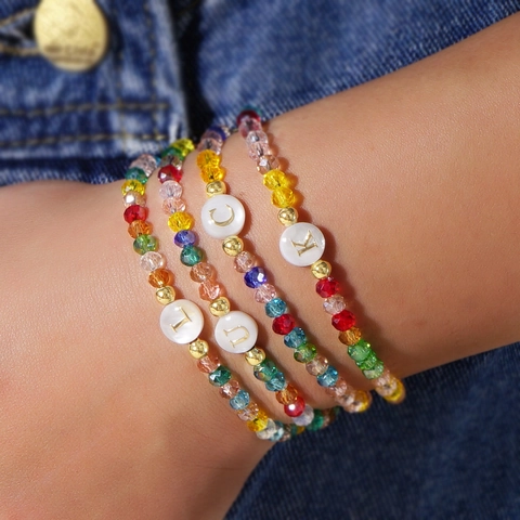 Bracciale Di Perle In Vetro Di Cristallo Sfaccettato Con Ciondolo Lettera Iniziale Gioielli Boho Fatti A Mano Per Donne