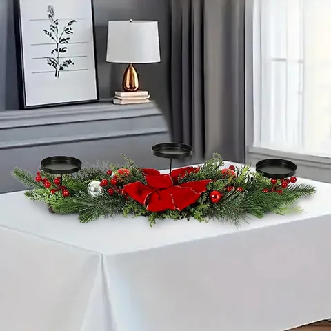 Centre De Table De Noël Bougeoir Aiguilles De Pin Artificielles Baies Rouges Noeud En Velours