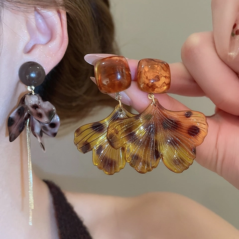 Ginkgo Leaf Petal Dangle Earrings With 925 Sterling Silver Earring Post Acrylic Tortoiseshell Vintage Long Tassel Women