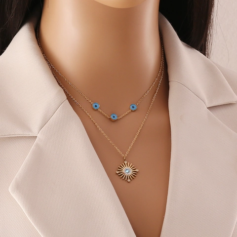 Evil Eye Sunburst Double Layer Necklace Stainless Steel Gold Plated Enamel Rhinestone Pendant Jewelry For Women