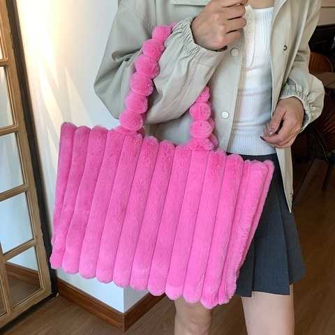 Women Ribbed Plush Faux Fur Tote Bag Spacious Capacity Autumn Winter Handbag With Bubble Handles Minimalist Solid Color