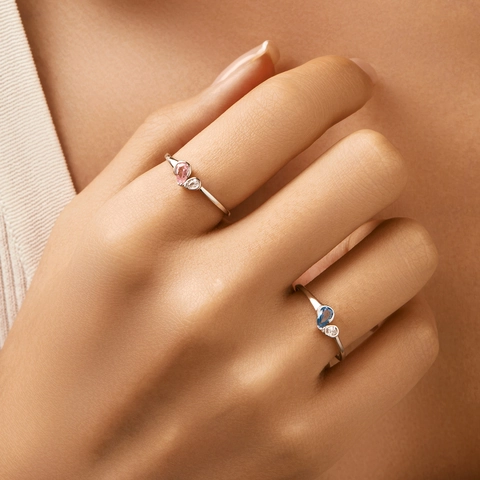 Anello Cuore in Argento Sterling 925 con Zirconia Blu Rosa Taglio a Pera Dolce Carino Geometrico con Zirconia Intarsiata Gioielli Donna