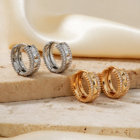 Orecchini a Cerchio Geometrici in Rame Zirconia Oro Argento Bicolore Moda Vintage Gioielli da Orecchio Per Donna
