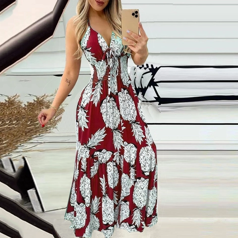 Vrouwen Ananas Print Halter Maxi Jurk V-Hals Gesmokte Taille Mouwloos Zomer Vakantie Gelaagde Zoom Lange Zonnejurk