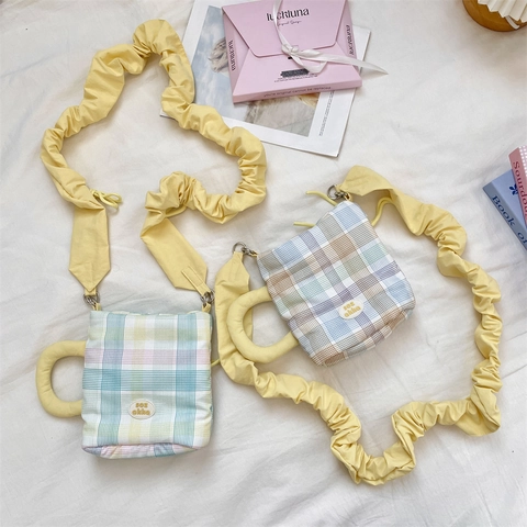 Sac Bandoulière À Carreaux Polyester Bandoulière Froncée Pochette Bouteille D'eau Portable Sac À Main Décontracté Femmes