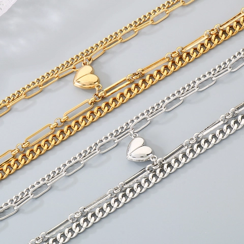 Bracelets De Coeur Magnétiques En Acier Inoxydable Pour Couples Chaîne Cuban Et Trompette À Double Couche