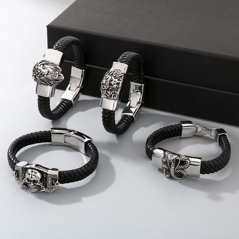 Bracciale Pelle Intrecciata Uomo Acciaio Inossidabile Testa Leone Teschio Cobra Stile Punk Rock Gioielli Biker Maschile Accessorio