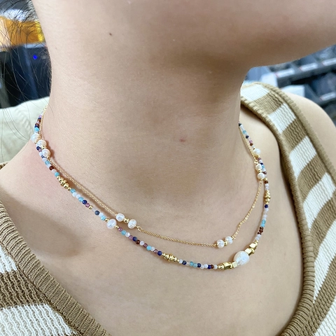 Natural Stone Beaded Choker Necklace With Freshwater Pearl 18K Gold Plated Brass Bohemian Handmade Colorful For Women
