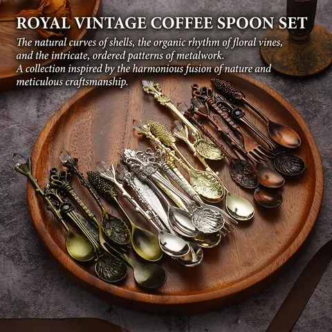 Royal Vintage Coffee Spoons Fork Zinc Alloy Crystal Head Carved Dessert Spoons Afternoon Tea Utensils